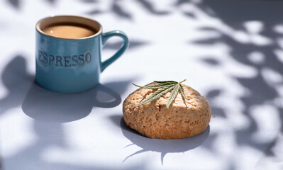 cannabis leaf with brownie on background.. Cannabis live resin extraction, coffee