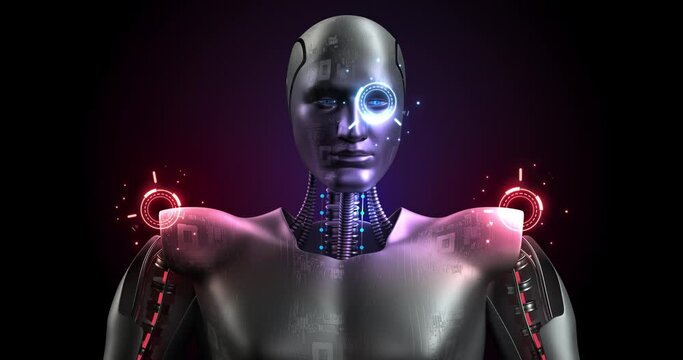 Super Robot Moving His Head. Big Data is Loading. Hud Fx. AI Humanoid. Robotics And Technology 3D Concept.