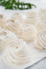 Zephyr on paper, close-up, selective focus. Traditional dessert made of peach puree and agar, sprinkled with powdered sugar. Zephyr is a dish of Russian cuisine, dessert for tea