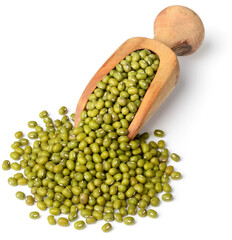 uncooked mung beans in the wooden scoop, isolated on white background