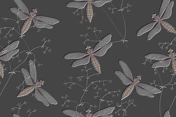 Seamless monochrome pattern with insects with an embossed effect. Dragonflies and an openwork plant on a gray background. - obrazy, fototapety, plakaty