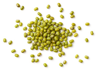 uncooked mung beans isolated on white background, top view
