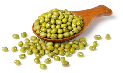 raw mung beans in the wooden spoon, isolated on the white background