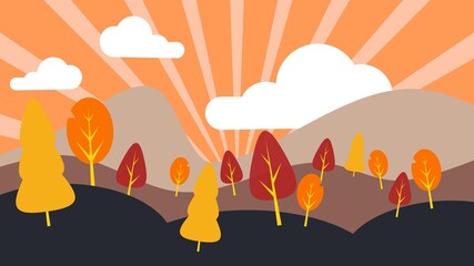 Tranquil mountain  scenery, landscape illustration, vector illustration of nature, forest mountain panorama, trees on mountains, Sun rays on the air