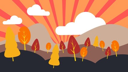 Tranquil mountain  scenery, landscape illustration, vector illustration of nature, forest mountain panorama, trees on mountains, Sun rays on the air