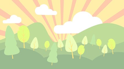 Tranquil mountain  scenery, landscape illustration, vector illustration of nature, forest mountain panorama, trees on mountains, Sun rays on the air