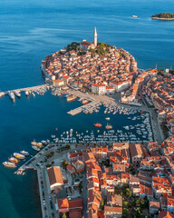 Aerial view to Rovinj old town, popular travel destiation in Istria, Croatia.