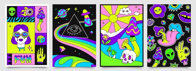 Retro psychedelic hippie posters with space, mushrooms and rainbows. 70s abstract covers with skull, floating eyes, crazy lips vector set