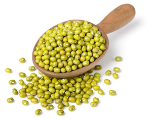 raw mung beans in the wooden spoon, isolated on the white background