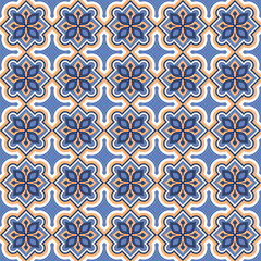 Fototapeta na wymiar Vector. Seamless mediterranean geometric pattern in patchwork style. Talavera template. Portuguese Azulejo. Turkish decoration. Moroccan mosaic. Spanish porcelain. Ceramic dishes, folk ornament. Blue.