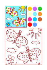 Coloring page for kids. Butterflies in spring or summer.
