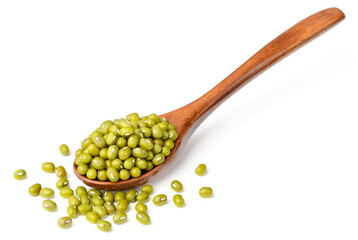 raw mung beans in the wooden spoon, isolated on the white background