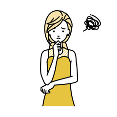 立って手をあごにあてて困っているドレスの女性