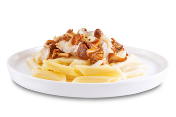 Chanterelle onion fried creamy pasta on a white isolated background