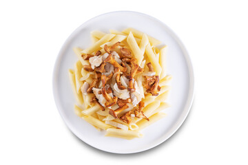 Chanterelle onion fried creamy pasta on a white isolated background