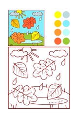 Coloring page for kids.  Falling leaves in autumn, raindrops, puddle.
