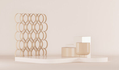 Mock up premium podium studio with decoration on pastel cream and golden background. Minimal mockup concept for product presentation. Trendy 3d render for social media banners, promotion, studio.