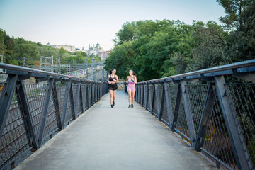 Young caucasian women practicing running on a