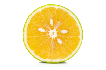 Fototapeta na wymiar Extreme Close-up of Organic Indian Citrus fruit sweet limetta or mosambi (Citrus limetta) with its sliced part , it is an green and yellow in color, isolated over white background,