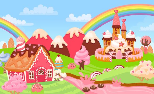 Cartoon fantasy candy land landscape with sweet castle. Fairytale kingdom gingerbread houses, ice cream trees and milk river vector scene