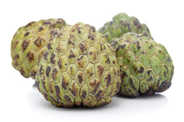 Close-up of Organic Indian green costard  apple  fruit or sharifa (Annona squamosa) it is an green to light yellow in color, isolated over white background,