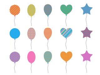 Collection of different shapes ballons with geometric patterns. Flat vector illustration isolated on white background
