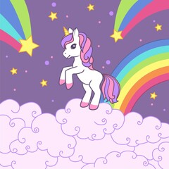 A unicorn on a background of falling stars, clouds and a rainbow stands on a cloud. Colorful vector illustration for cards, books, t-shirts