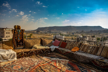 Cappadocia, Turkey - September 1, 2021 – romantic relaxing terraces in the historic Goreme town...
