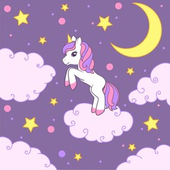 A happy unicorn stands on a cloud against the background of the starry sky and the moon.  Colorful vector illustration for cards, books, t-shirts