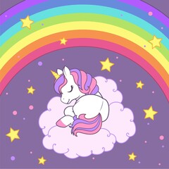 The unicorn sleeping on the cloud against the background of the starry sky and rainbow. Colorful vector illustration for cards, books, t-shirts