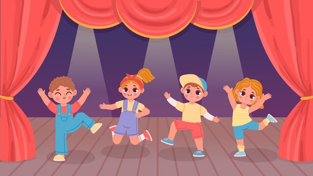 Cartoon Kids Performing Dance On Theatre Stage With Curtain. Kindergarten Boys And Girls Group Activity. Children Dance Show Vector Concept