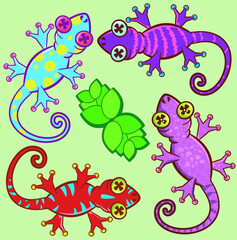 Circles of colorful and fun chameleons around the plant.
theme: chameleon, lizard, colorful, fun, cute, plant.