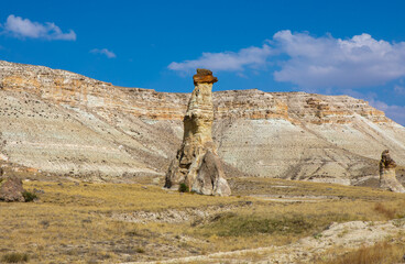 Cappadocia, Turkey - September 1, 2021 – Impressive nature by chimney rock formations and rock...