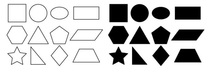Obraz premium Geometric shapes set. Educational black silhouette and line figures. Basic forms. Vector isolated on white
