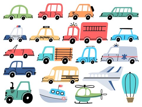 Cartoon kids toy cars police, ambulance, airplane and boat. Vehicles, truck, bus and tractor. Flat transport in simple baby style vector set