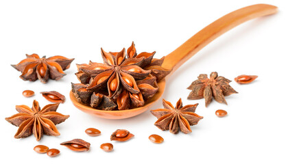 star anise in the wooden spoon, isolated on the white background