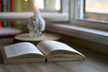 Open book and lit candle on a table. Selective focus.
