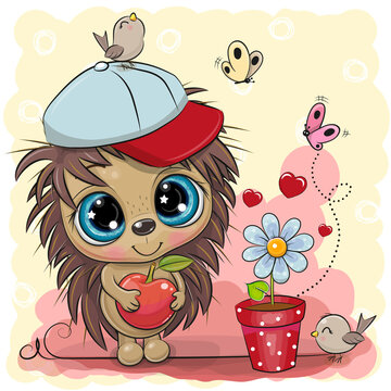 Greeting card cute cartoon Hedgehog boy with flower