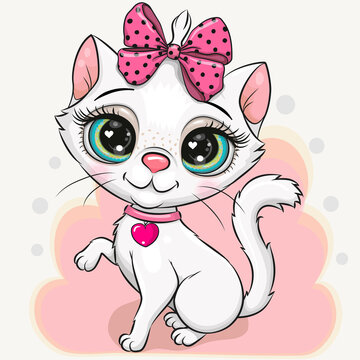Cartoon white kitten with pink bow