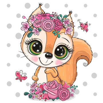 Cartoon squirrel with flowers on a white background
