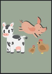 Digitally generated image of cow, pig and chicken icons on green background