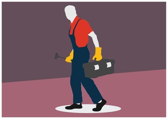 Digitally generated image of repairman icon against dual tone purple background