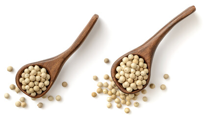 white peppercorns in the wooden spoon, isolated on the white background, top view