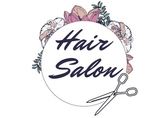 Floral designs over hair salon text on round banner with scissors icon against white background