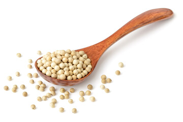 white peppercorns in the wooden spoon, isolated on the white background