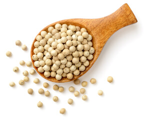 white peppercorns in the wooden spoon, isolated on the white background, top view