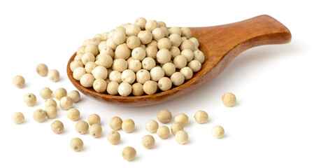 white peppercorns in the wooden spoon, isolated on the white background