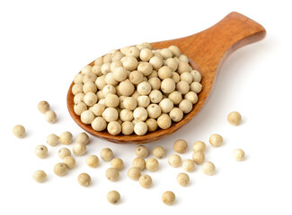 white peppercorns in the wooden spoon, isolated on the white background