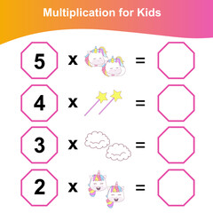 Multiplication Unicorn Worksheet for preschool. Printable math worksheet. Math Game for Preschool. Multiplication Mathematic worksheet. Vector illustration. Multiplication Worksheet