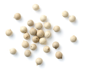 close up of dried white peppercorns isolated on the white background, top view